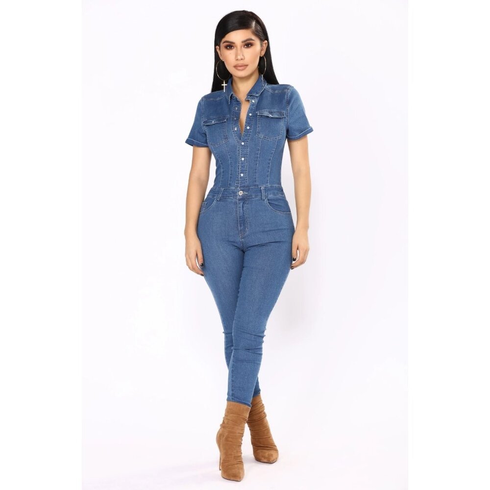 Fashion Nova Blue Auto Shop Denim Jumpsuit - Medium Wash Women's Size S/M